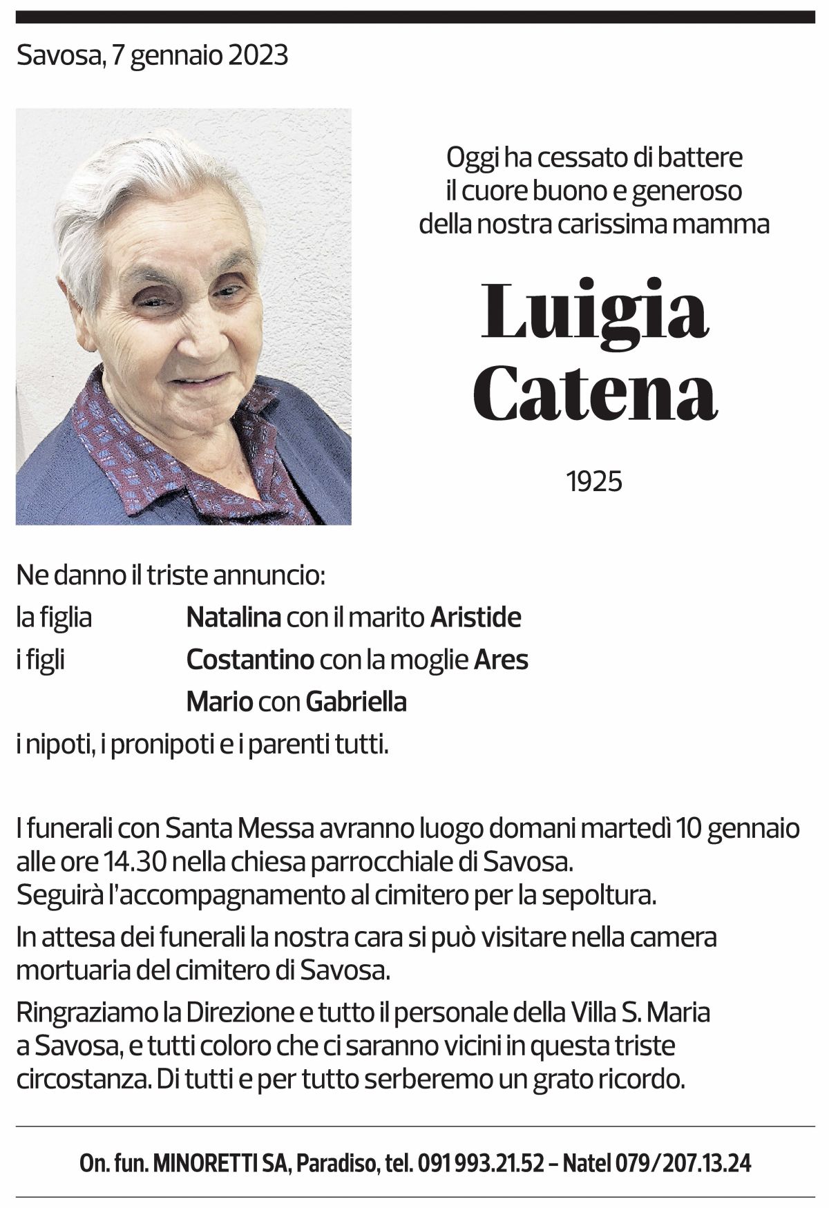 Annuncio funebre Luigia Catena