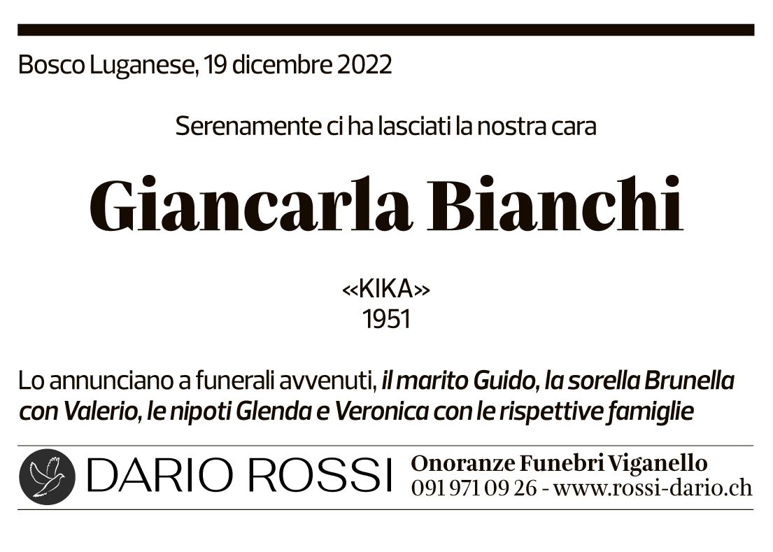 Annuncio funebre Giancarla Bianchi