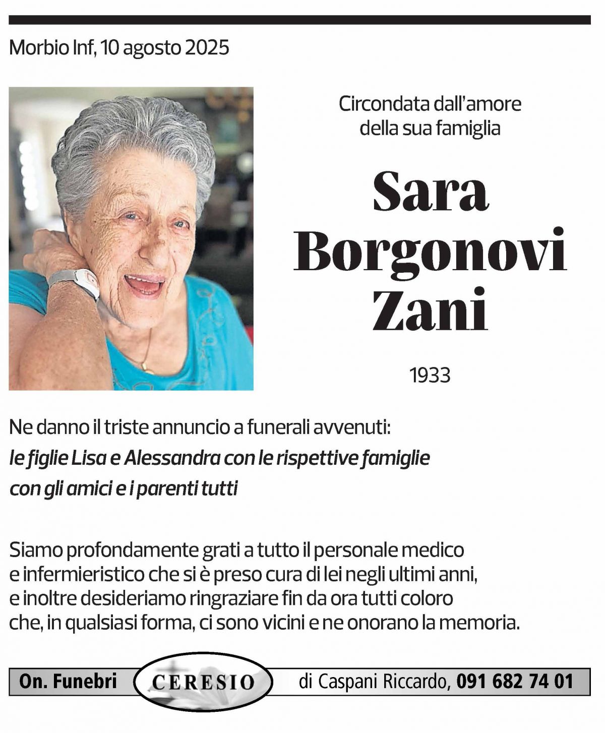 Annuncio funebre Sara Borgonovi Zani