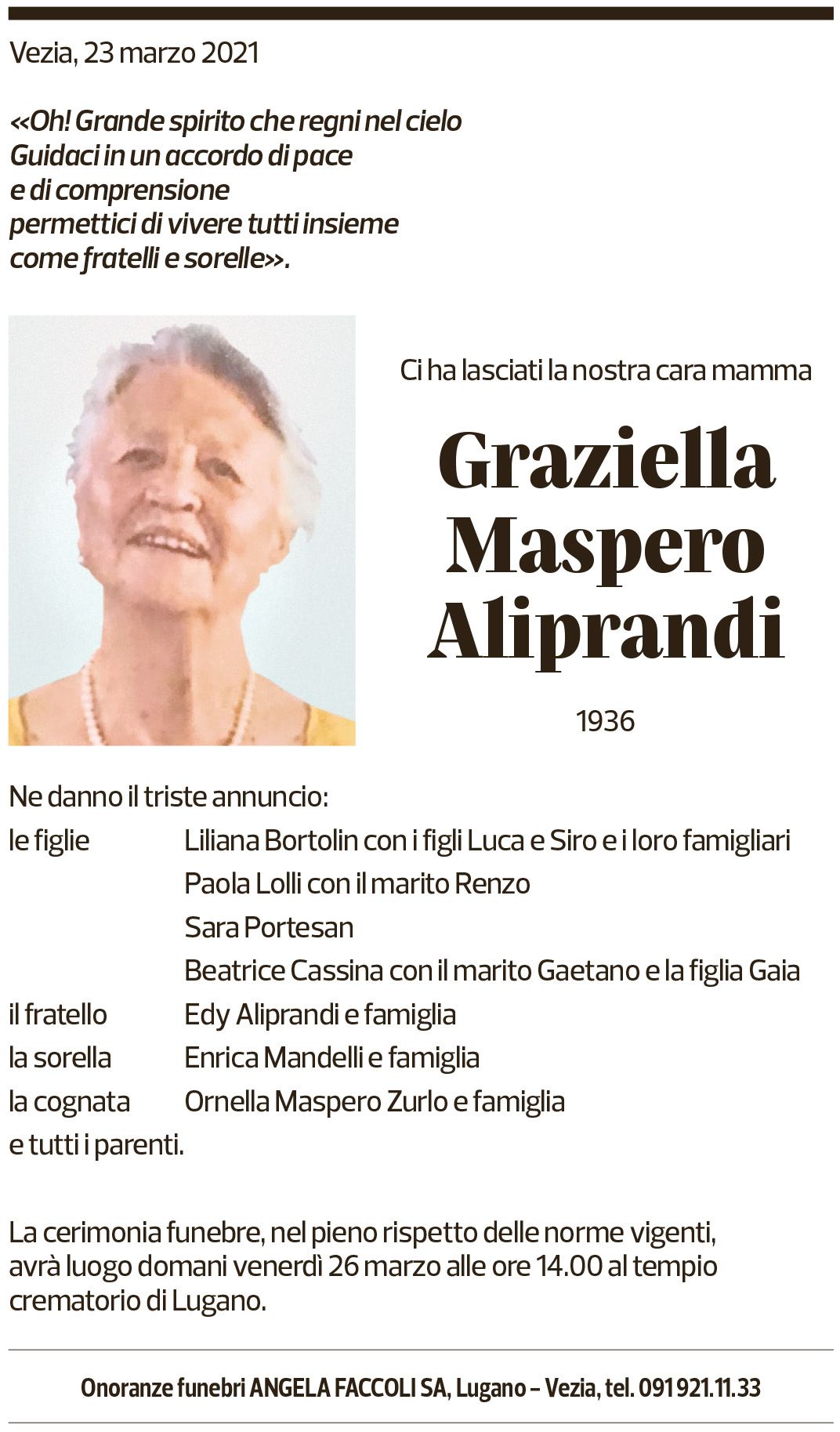 Annuncio funebre Graziella Maspero Aliprandi