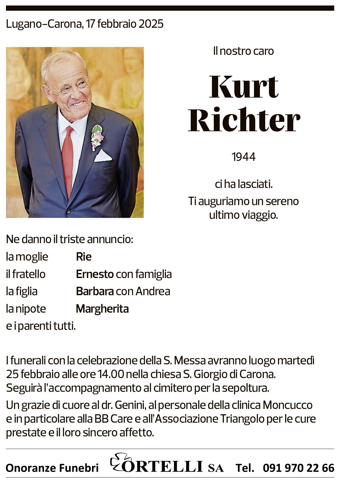 Annuncio funebre Kurt Richter