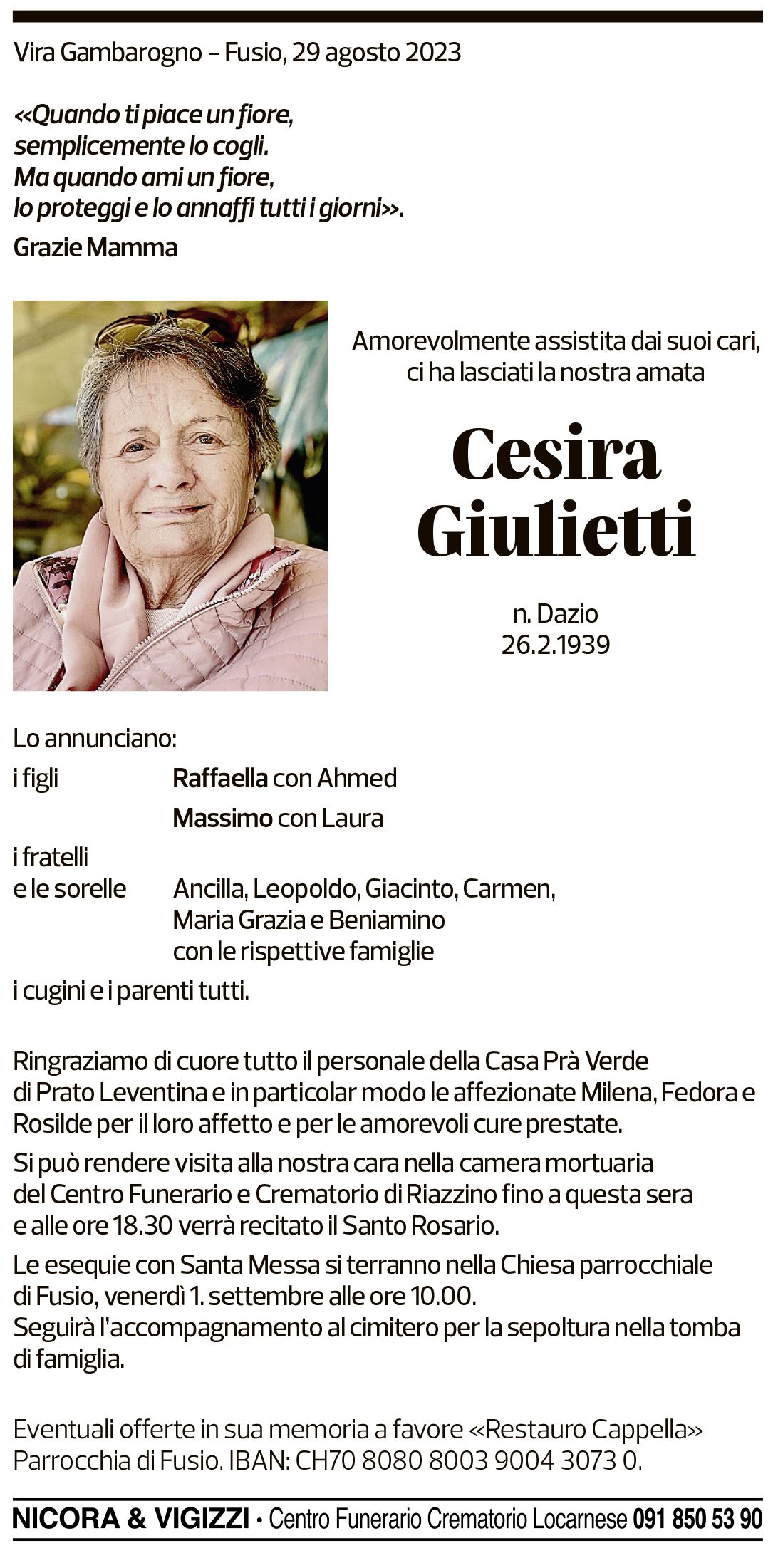 Annuncio funebre Cesira Giulietti