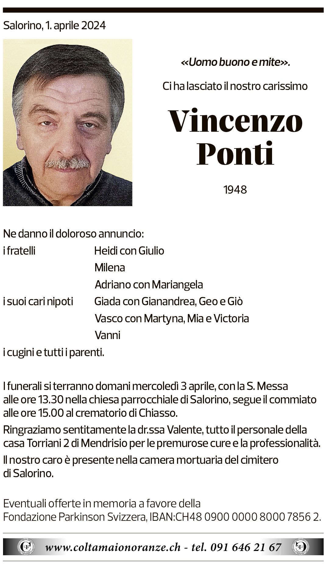 Annuncio funebre Vincenzo Ponti