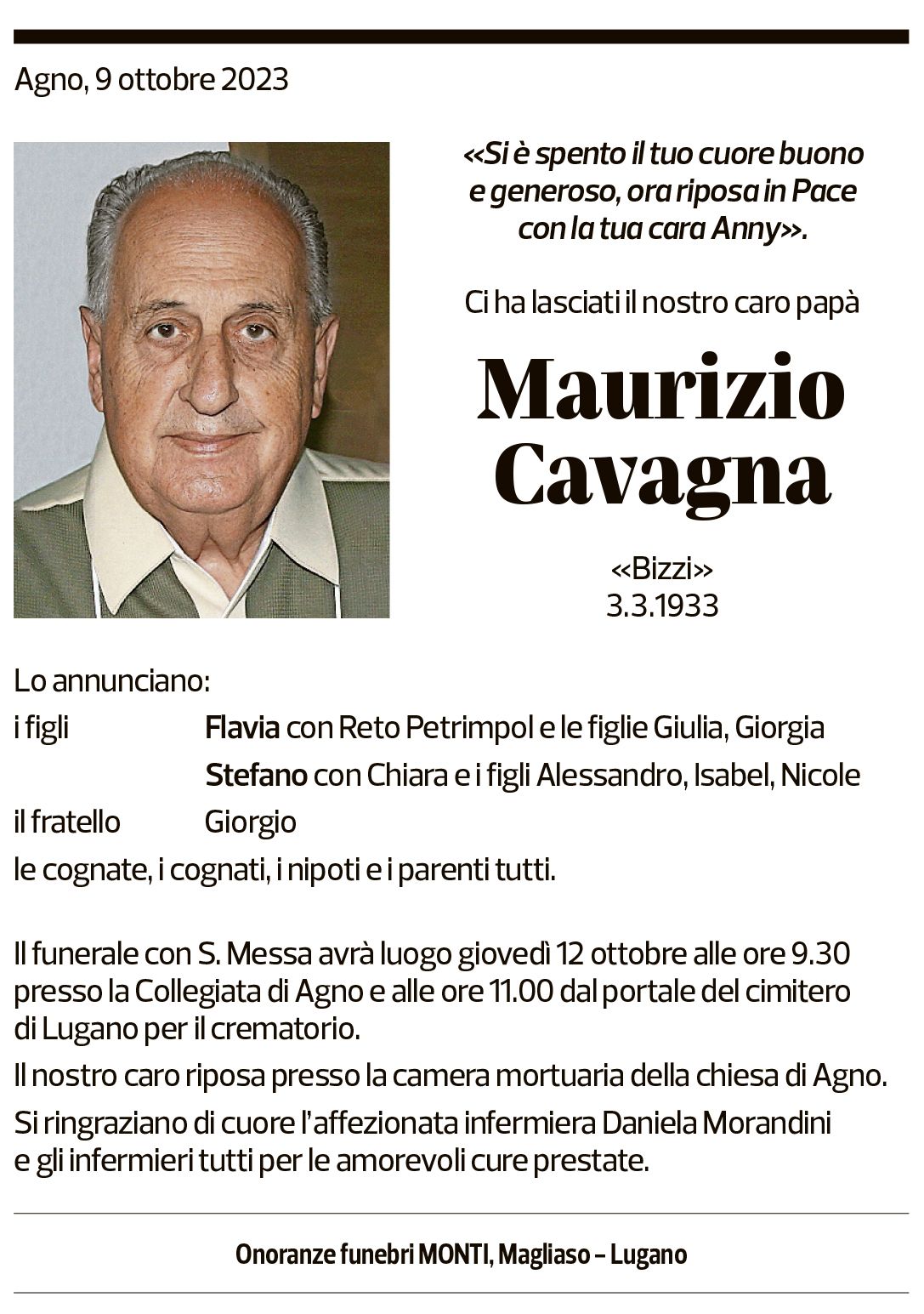 Annuncio funebre Maurizio Cavagna