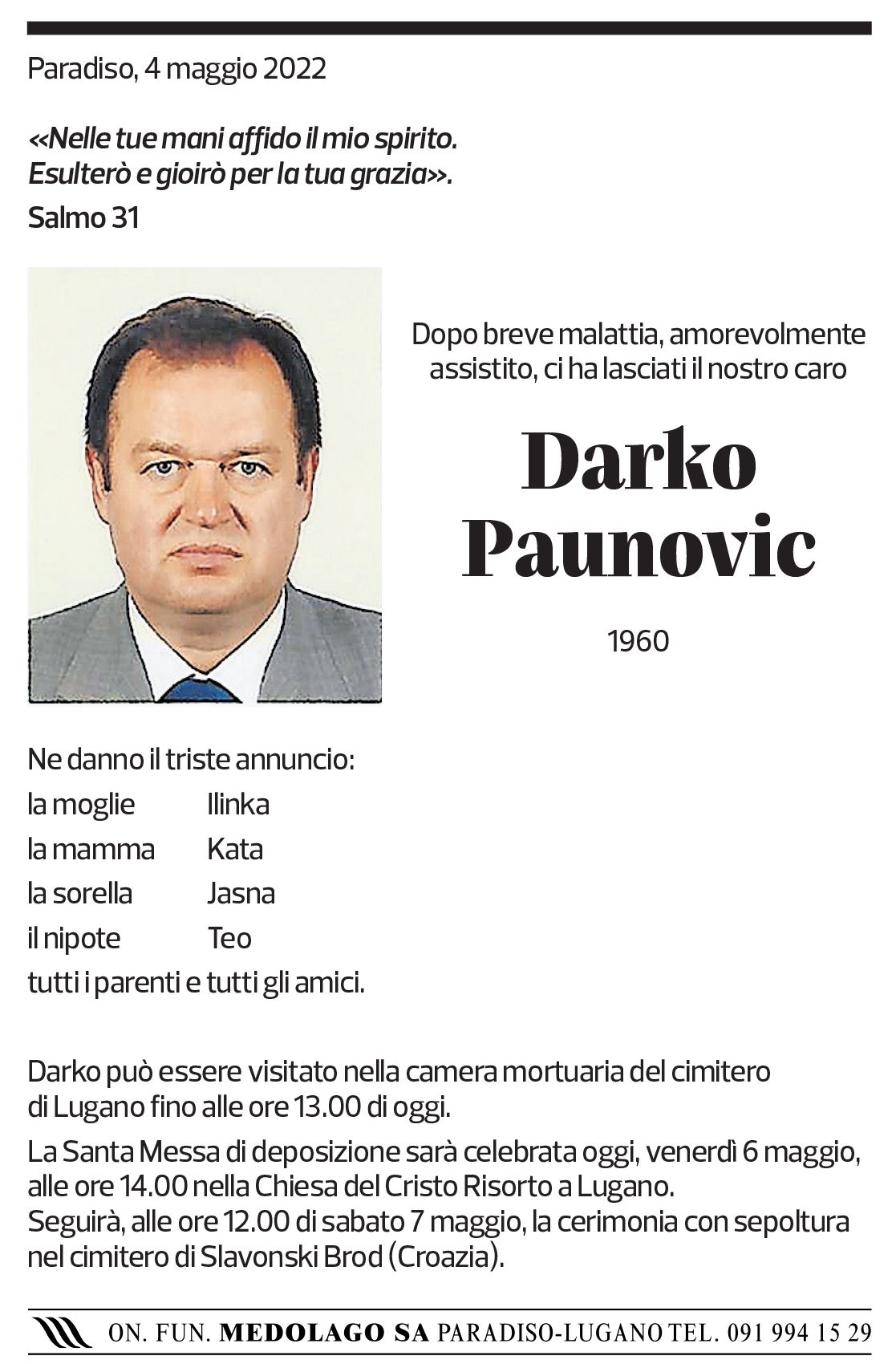 Annuncio funebre Darko Paunovic