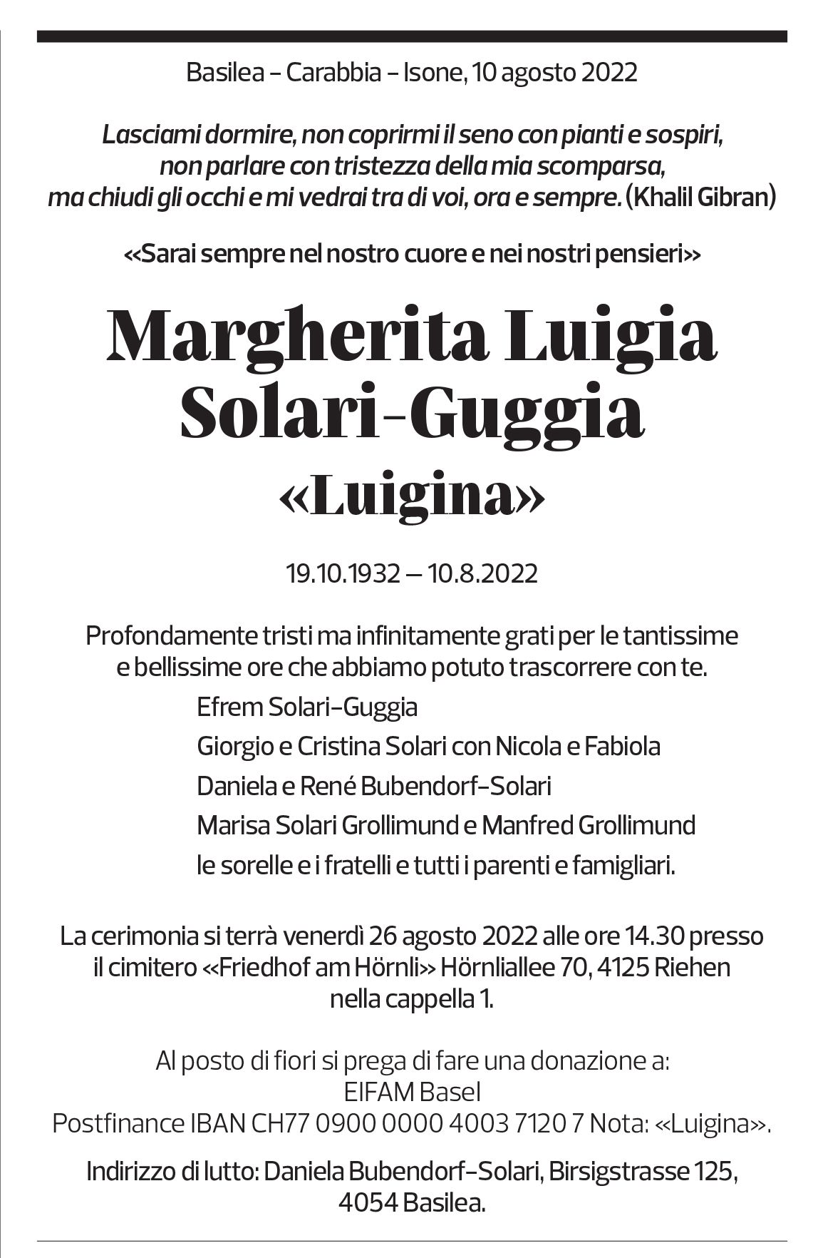 Annuncio funebre Margherita Luigia Solari-guggia