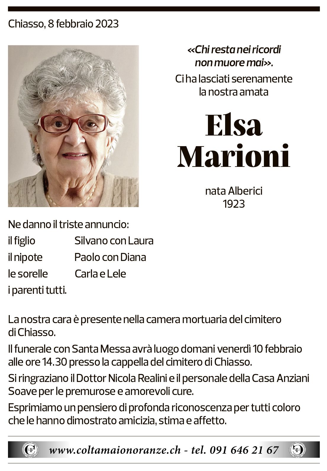 Annuncio funebre Elsa Marioni