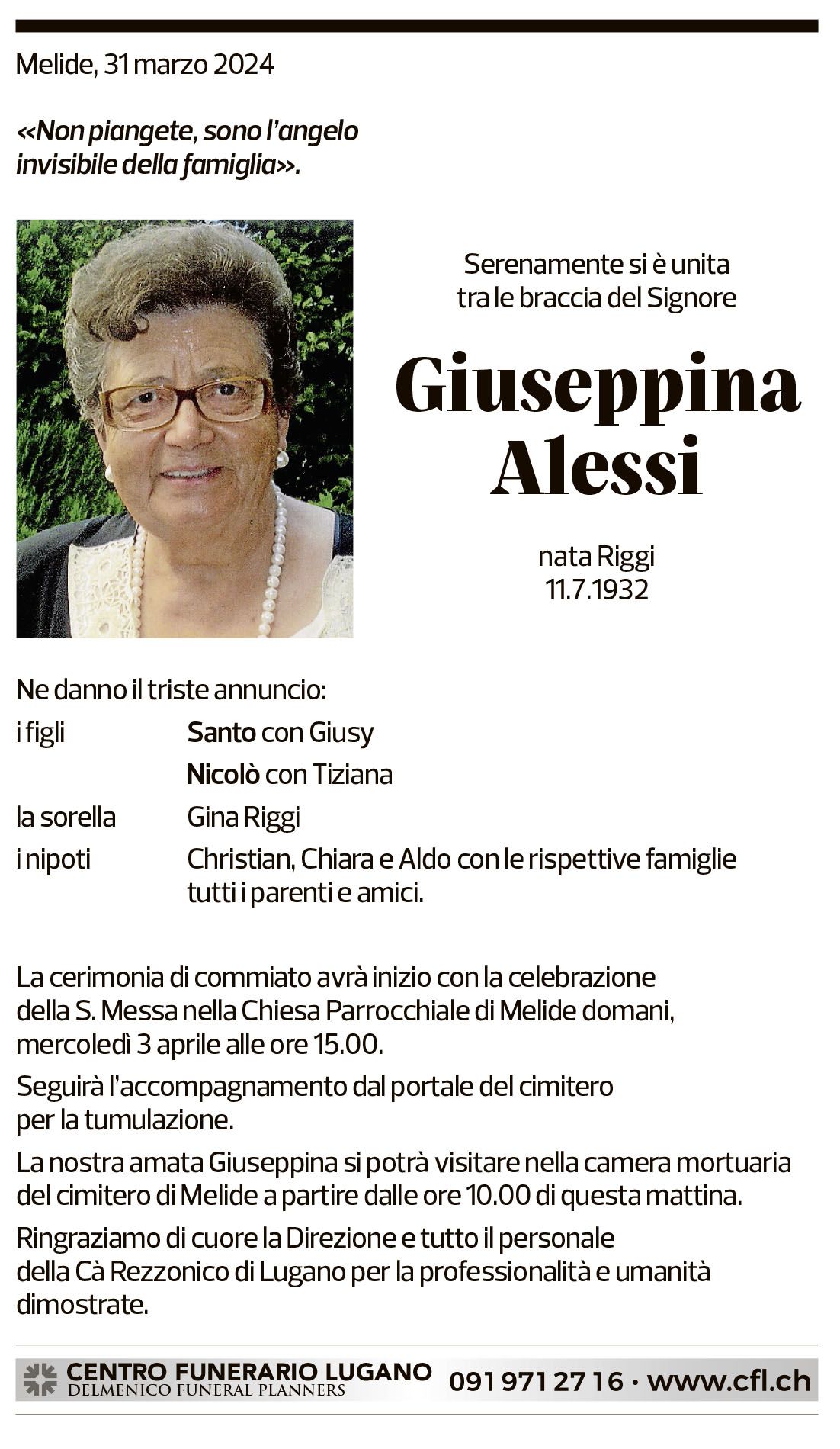 Annuncio funebre Giuseppina Alessi