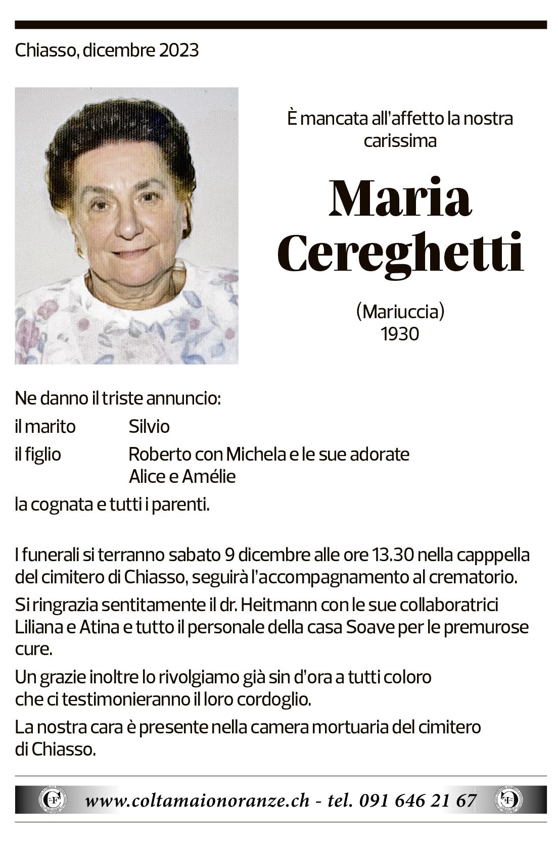 Annuncio funebre Maria Cereghetti