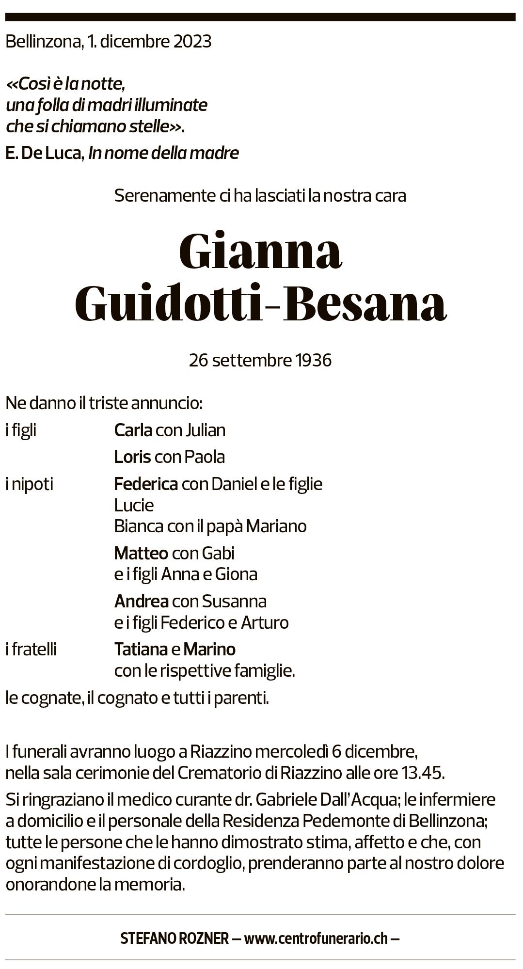 Annuncio funebre Gianna Guidotti-besana