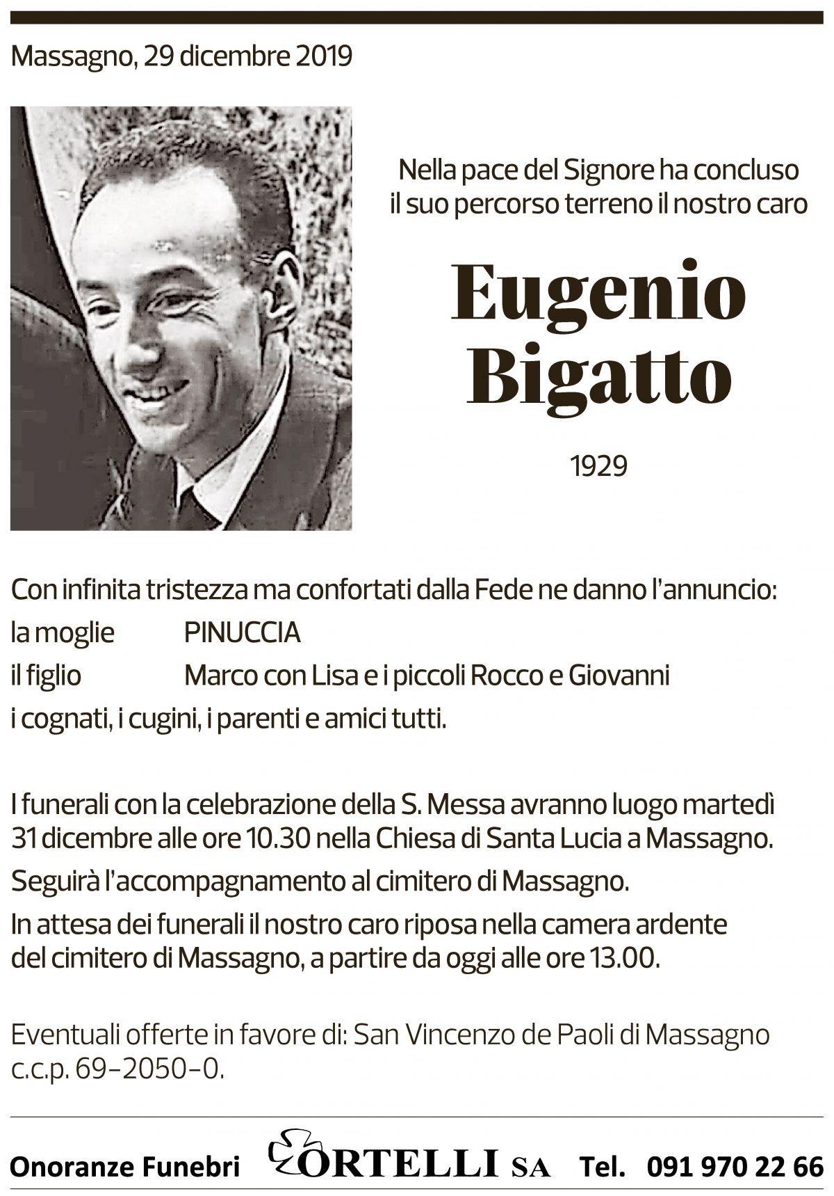 Annuncio funebre Eugenio Bigatto