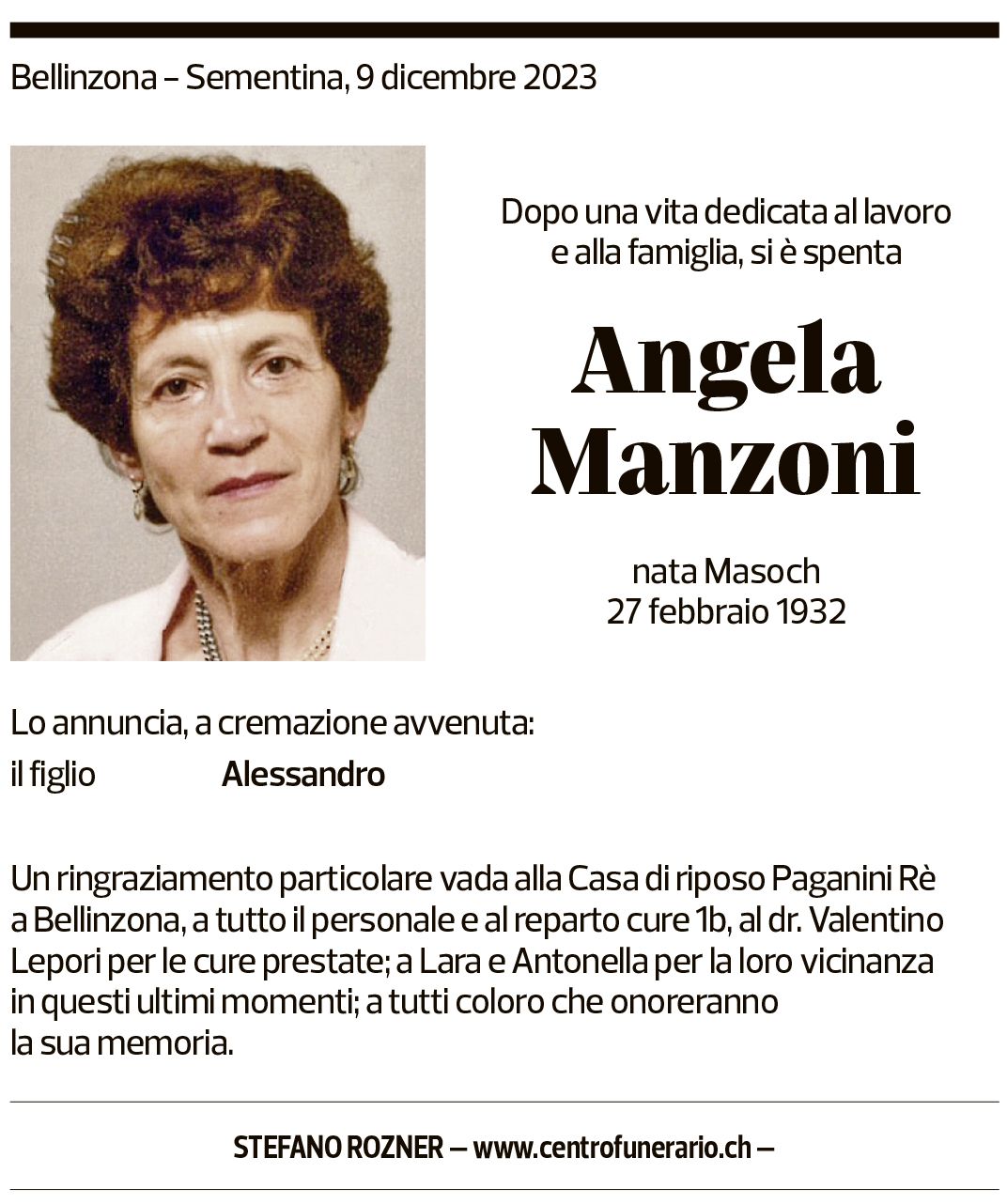 Annuncio funebre Angela Manzoni