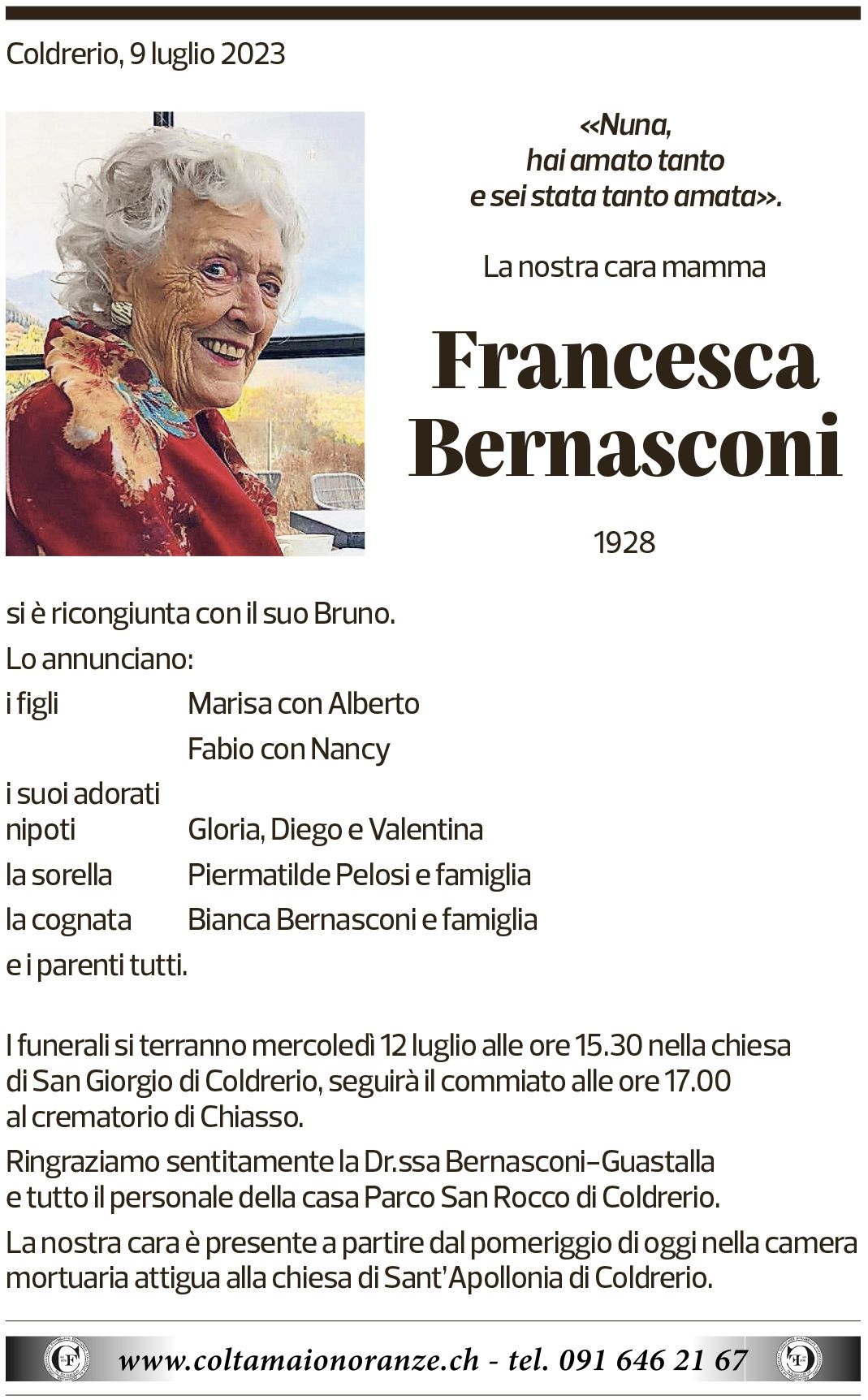 Annuncio funebre Francesca Bernasconi