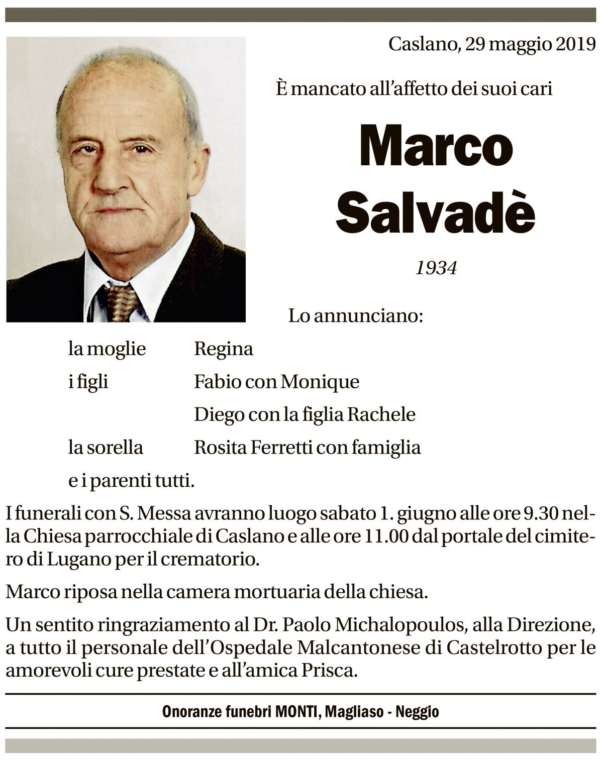 Annuncio funebre Marco Salvadè