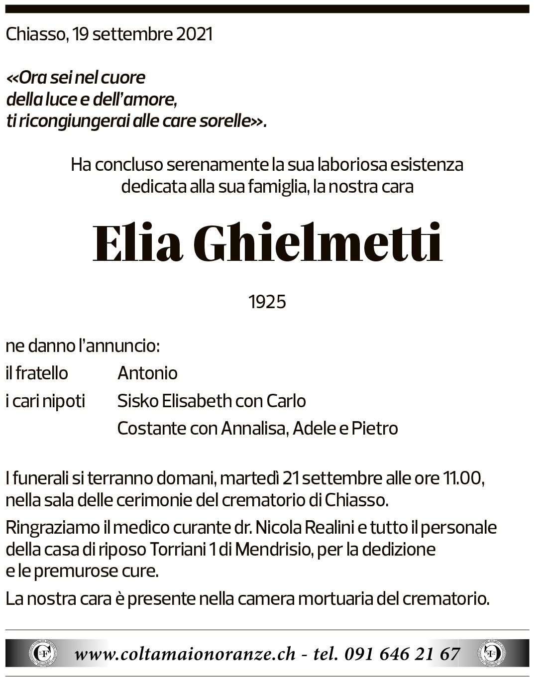 Annuncio funebre Elia Ghielmetti