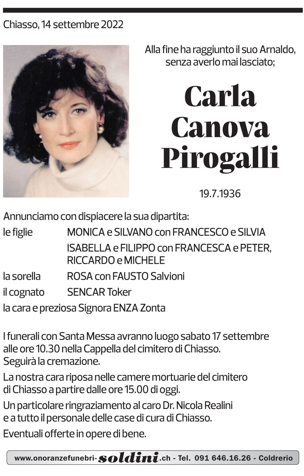 Annuncio funebre Carla Canova Pirogalli