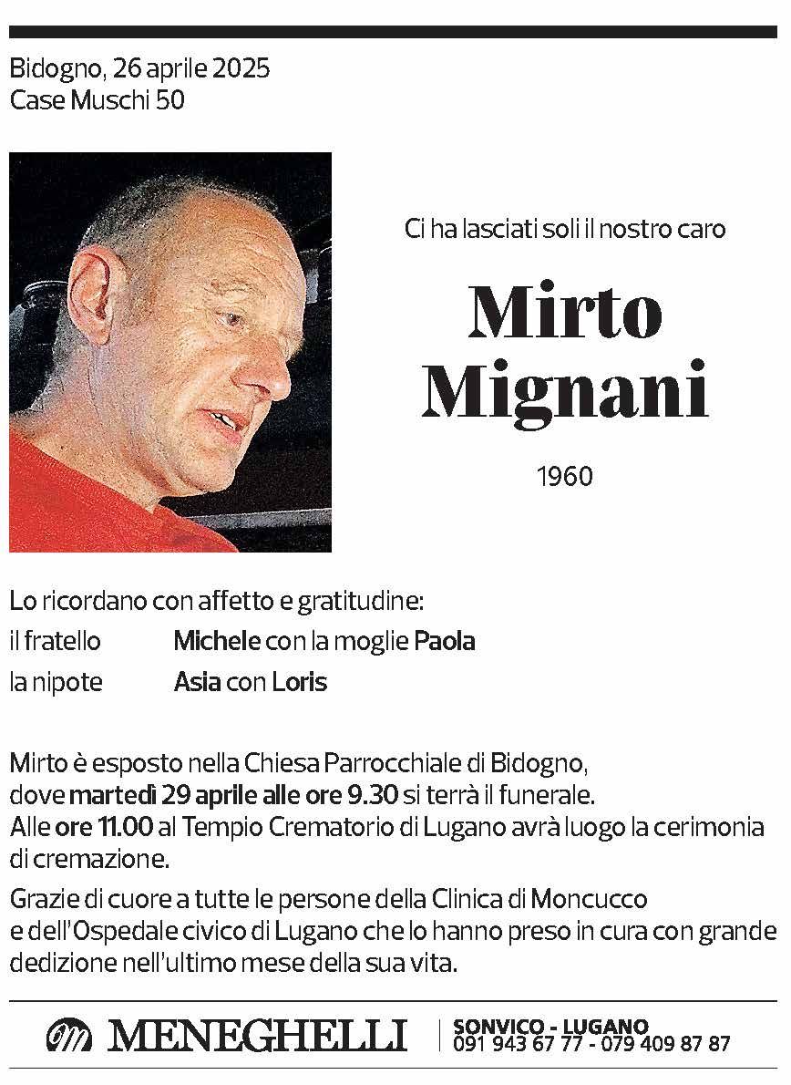 Annuncio funebre Mirto Mignani