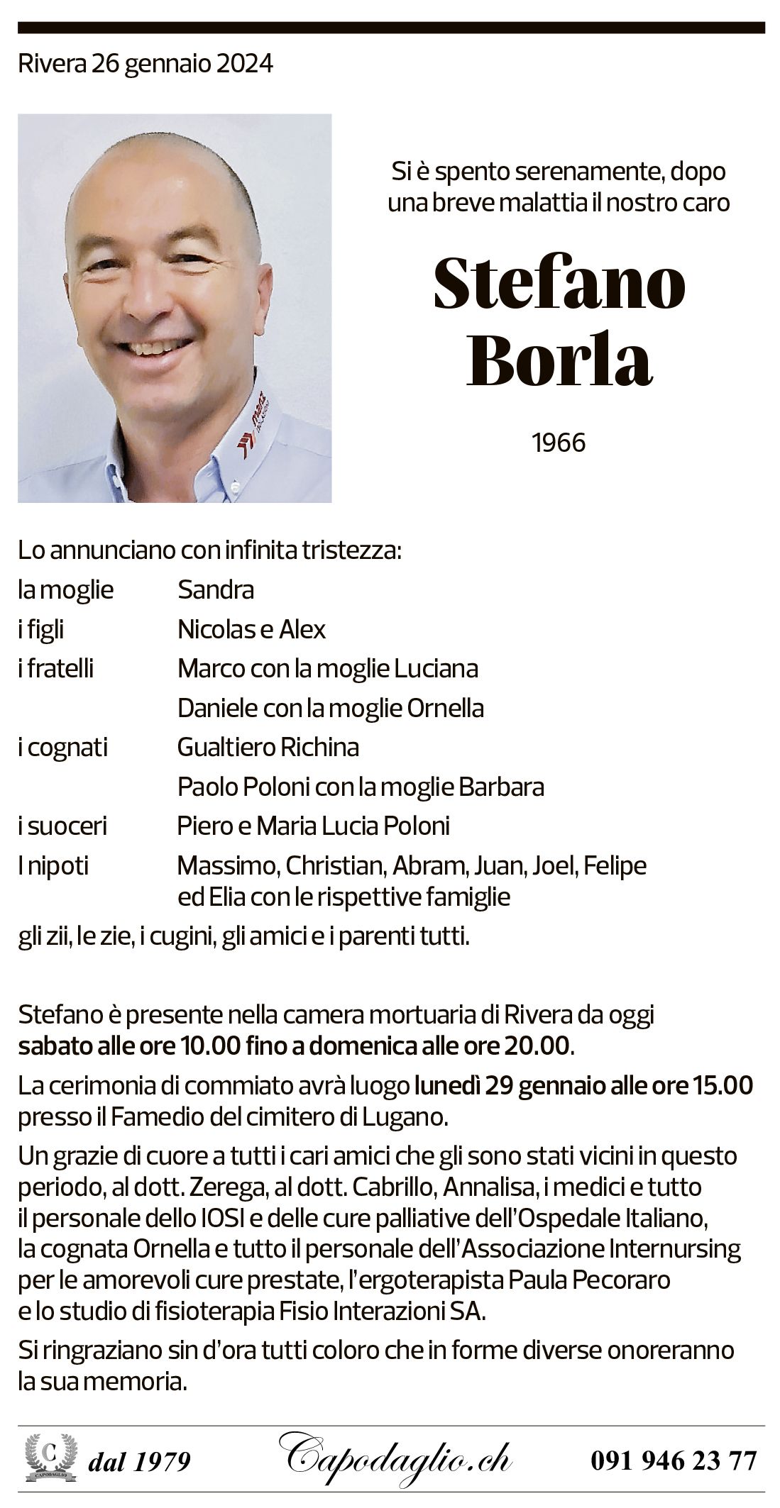 Annuncio funebre Stefano Borla