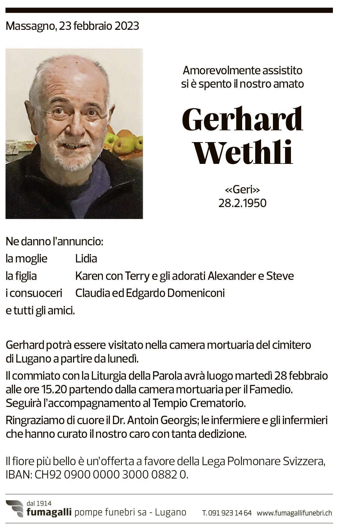 Annuncio funebre Gerhard Wehli