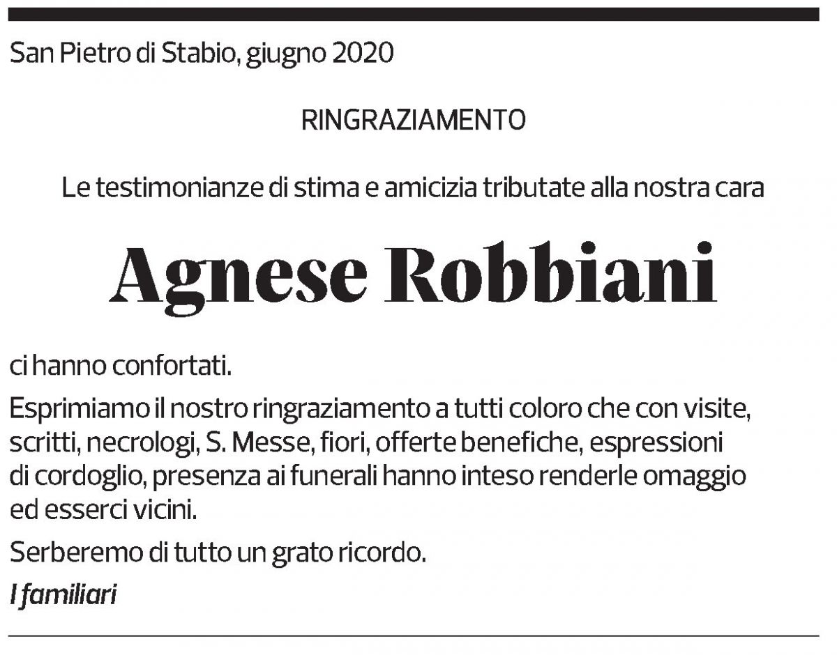 Annuncio funebre Agnese Robbiani