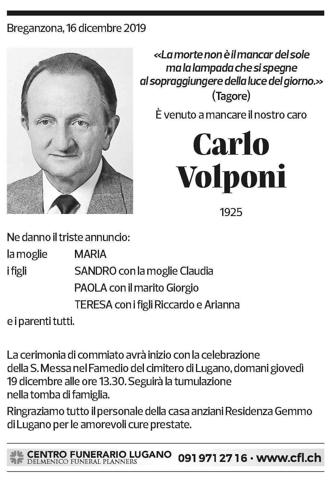 Annuncio funebre Carlo Volponi