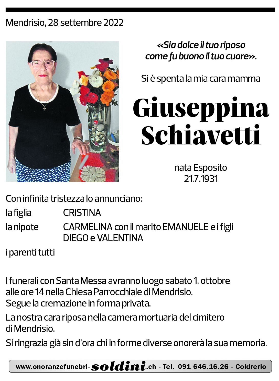 Annuncio funebre Giuseppina Schiavetti