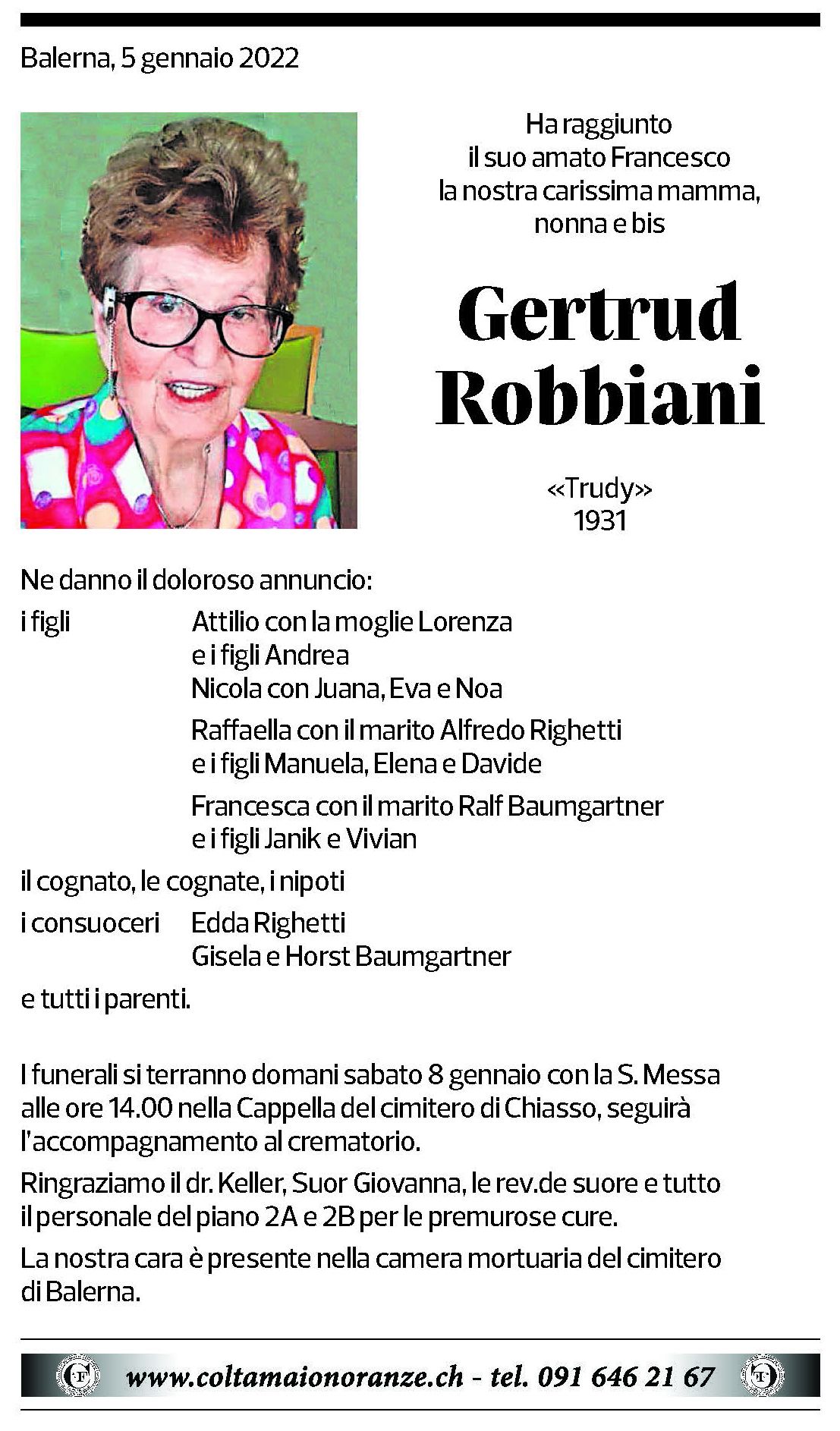 Annuncio funebre Gertrud Robbiani