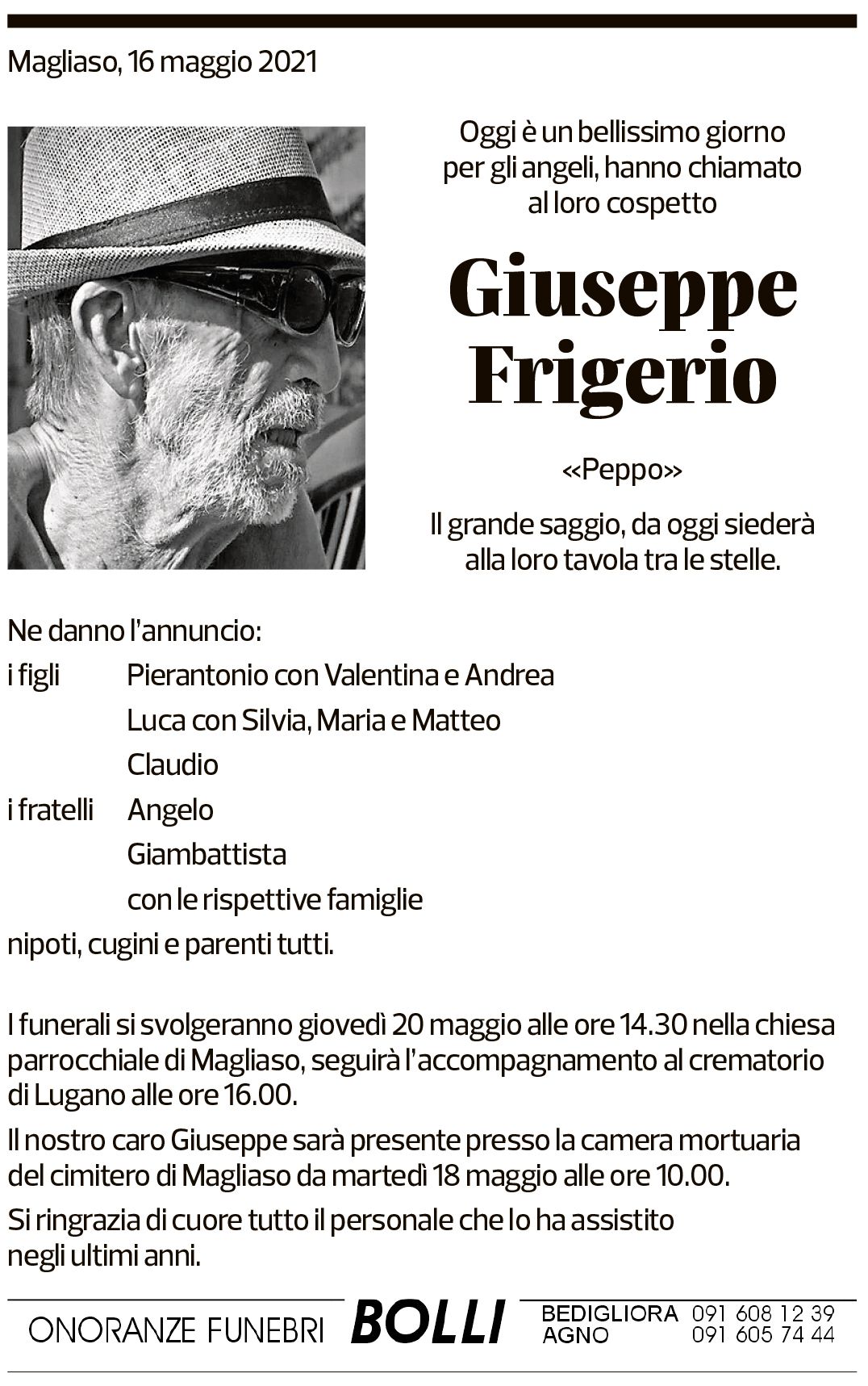 Annuncio funebre Giuseppe Frigerio