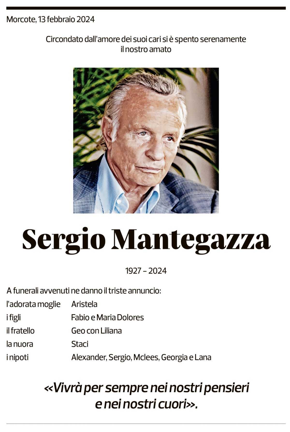 Annuncio funebre Sergio Mantegazza