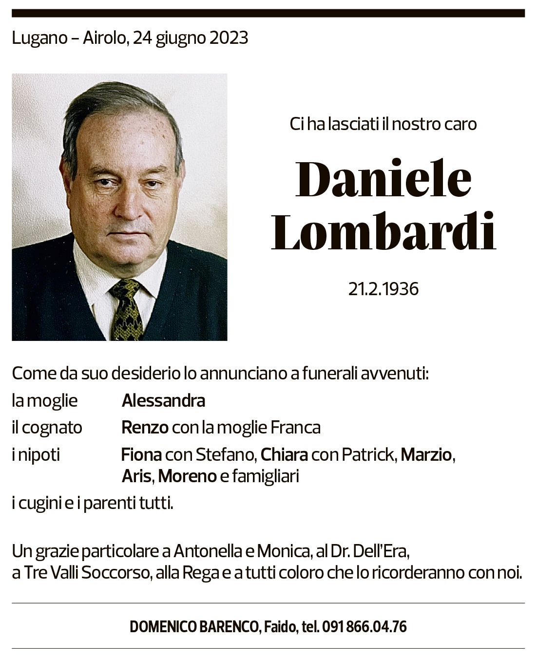 Annuncio funebre Daniele Lombardi