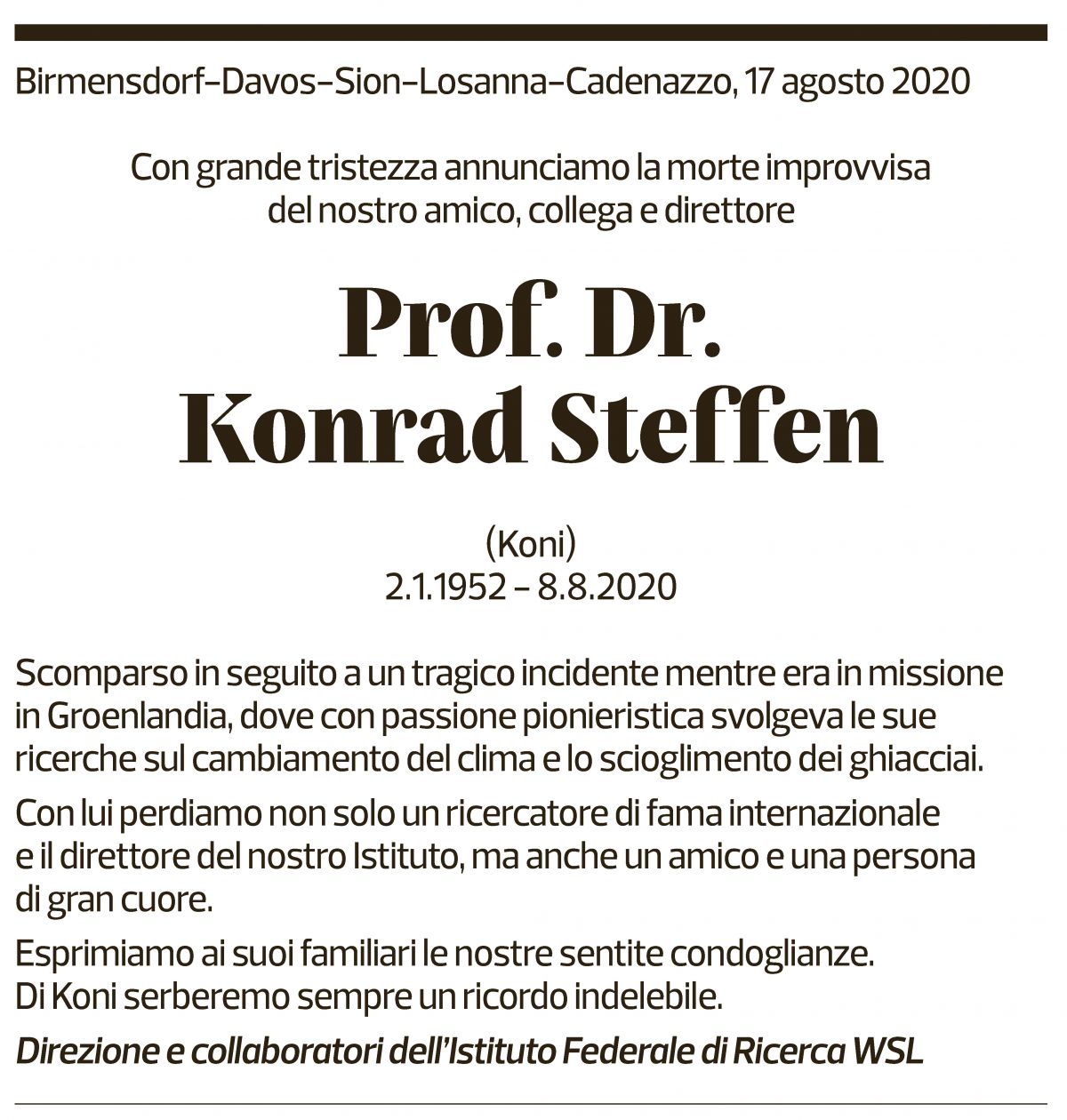 Annuncio funebre Konrad Steffen