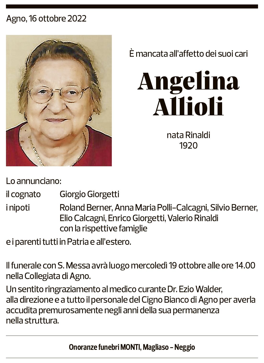 Annuncio funebre Angelina Allioli