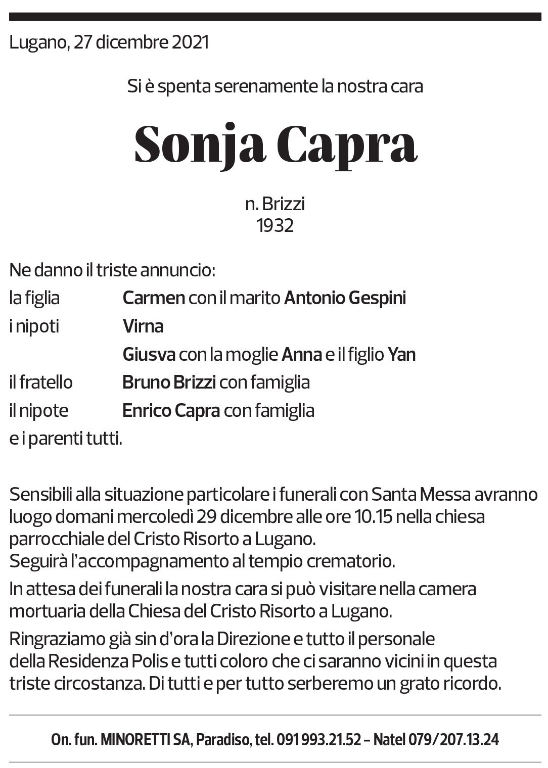 Annuncio funebre Sonja Capra