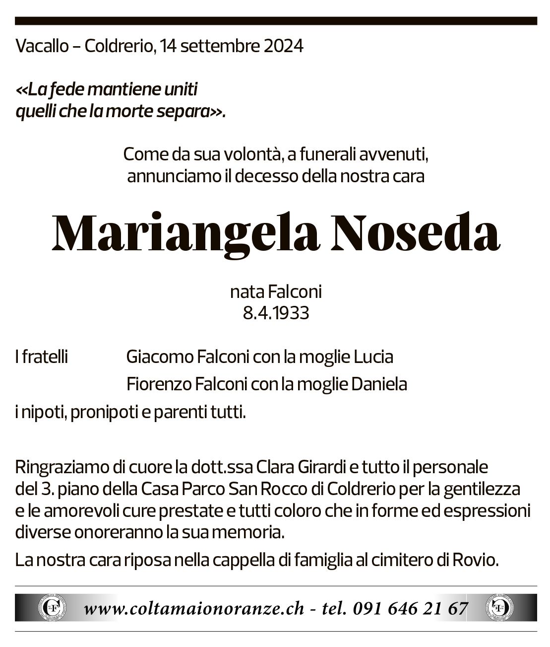 Annuncio funebre Mariangela Noseda