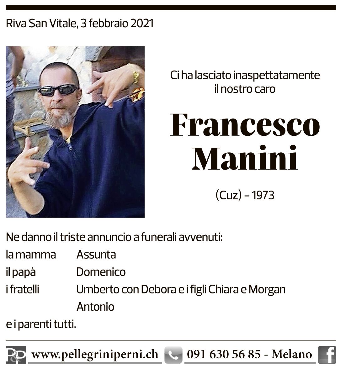 Annuncio funebre Francesco Manini