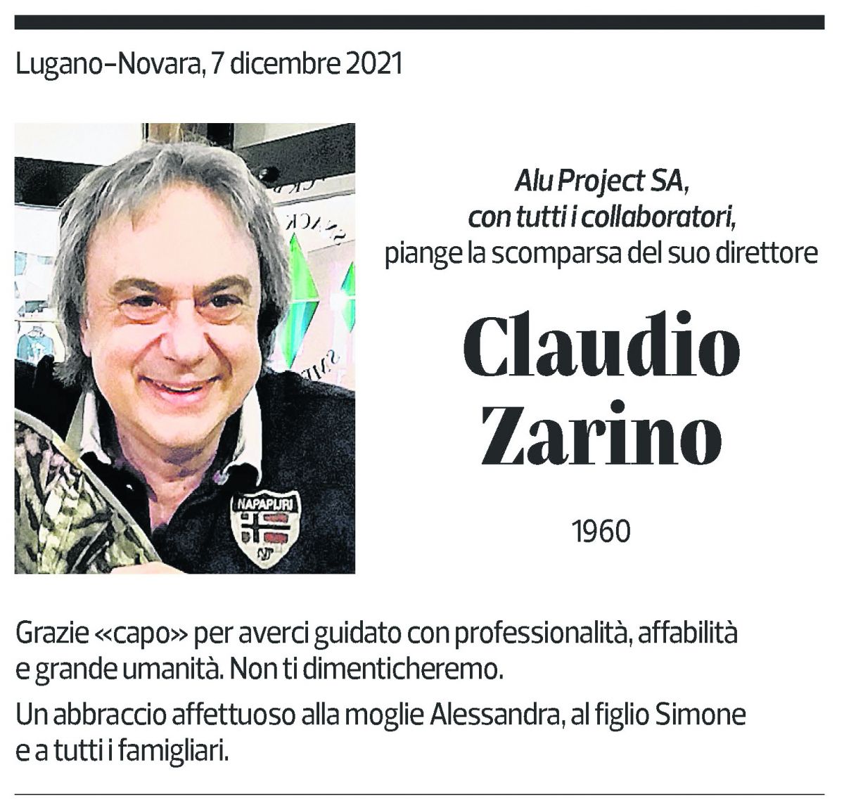 Annuncio funebre Claudio Zarino