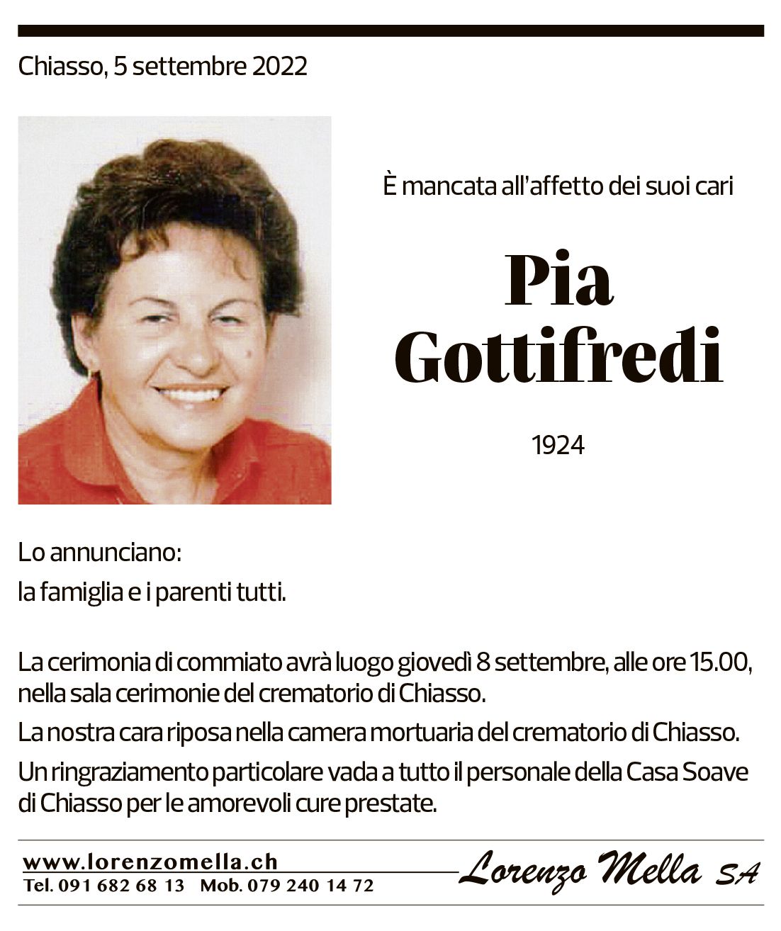 Annuncio funebre Pia Gottifredi