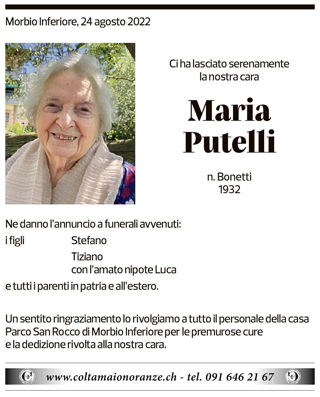 Annuncio funebre Maria Putelli