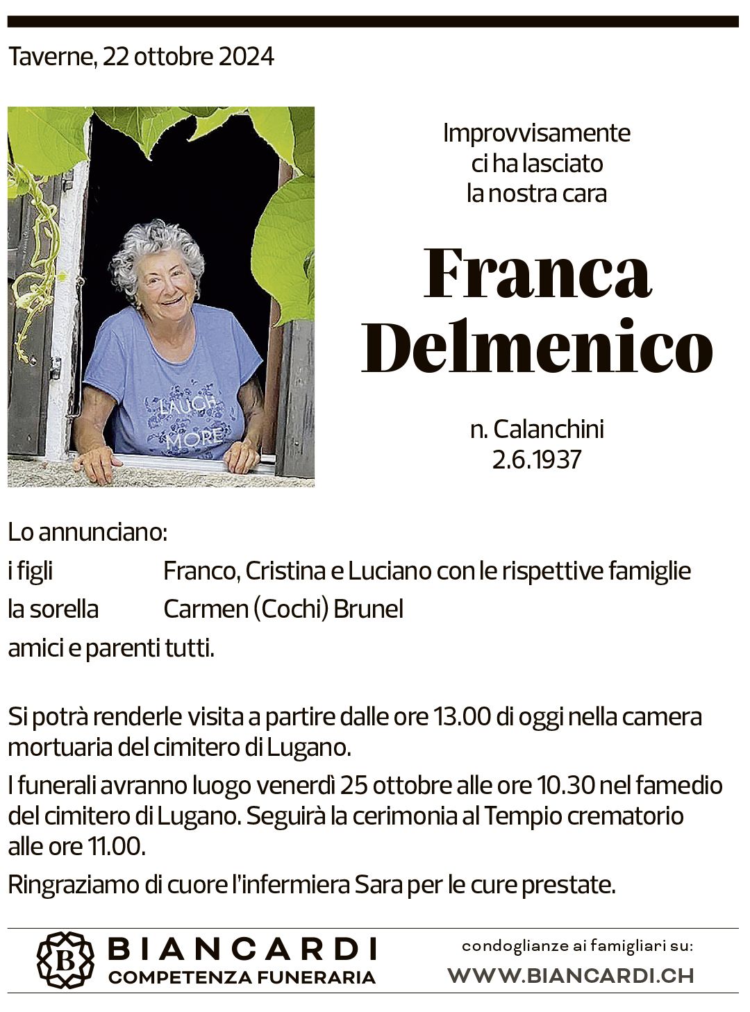 Annuncio funebre Franca Delmenico