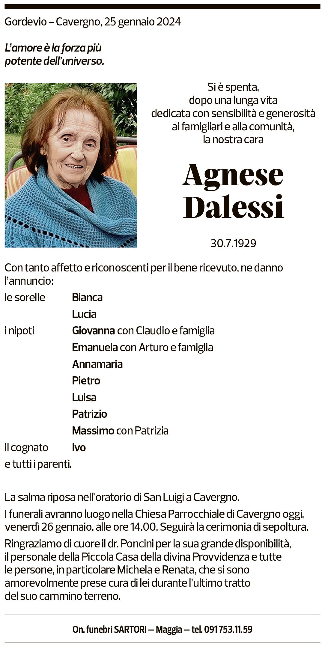 Annuncio funebre Agnese Dalessi