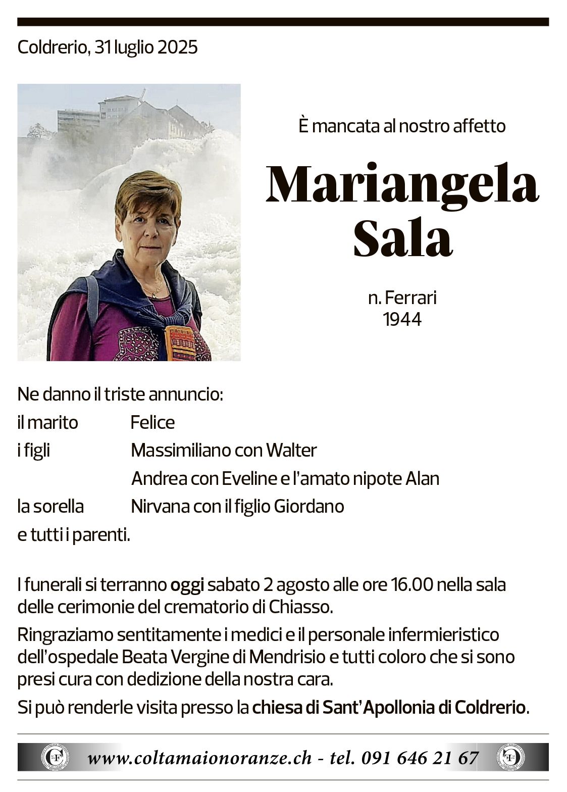 Annuncio funebre Mariangela Sala