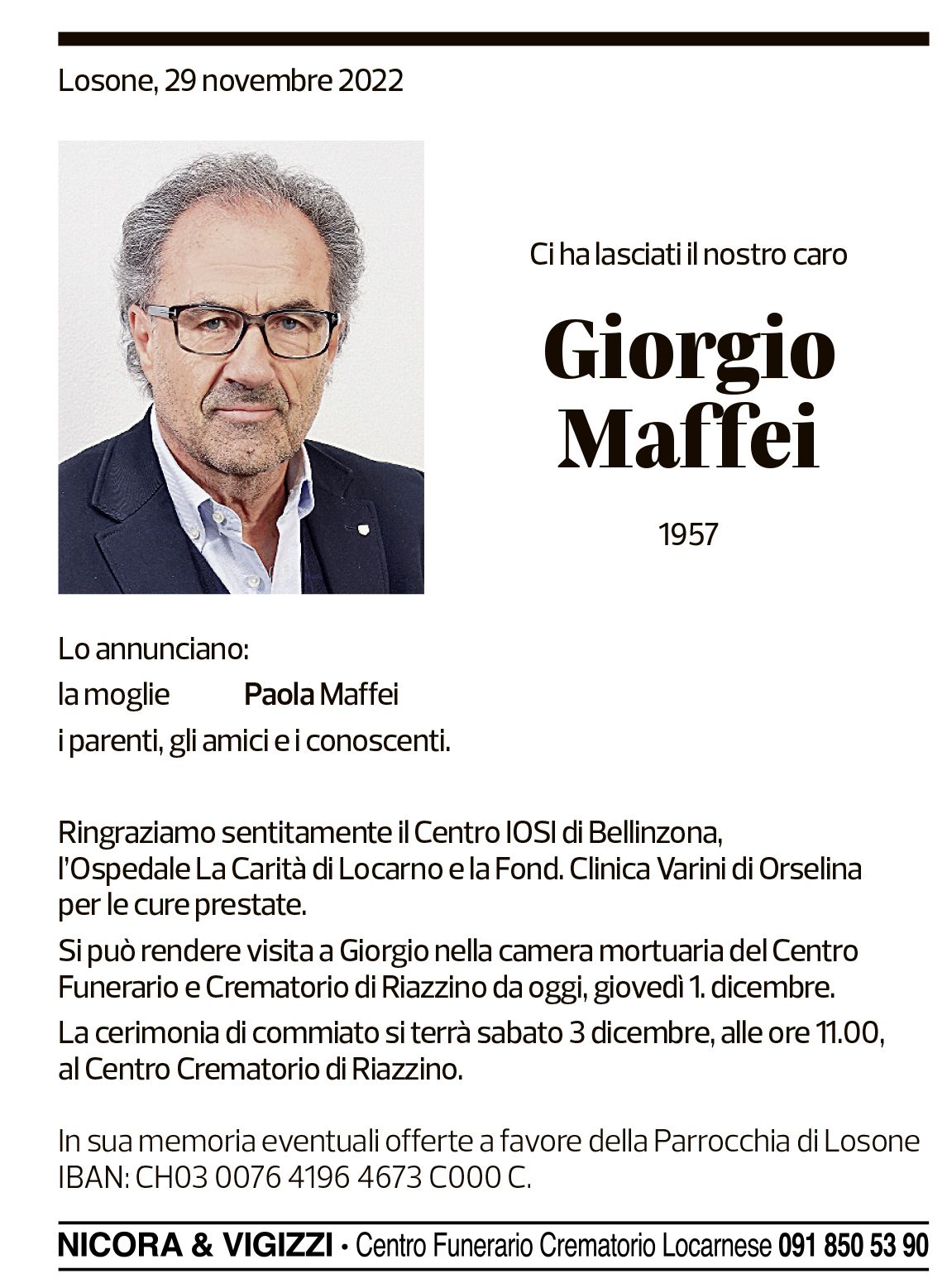 Annuncio funebre Giorgio Maffei