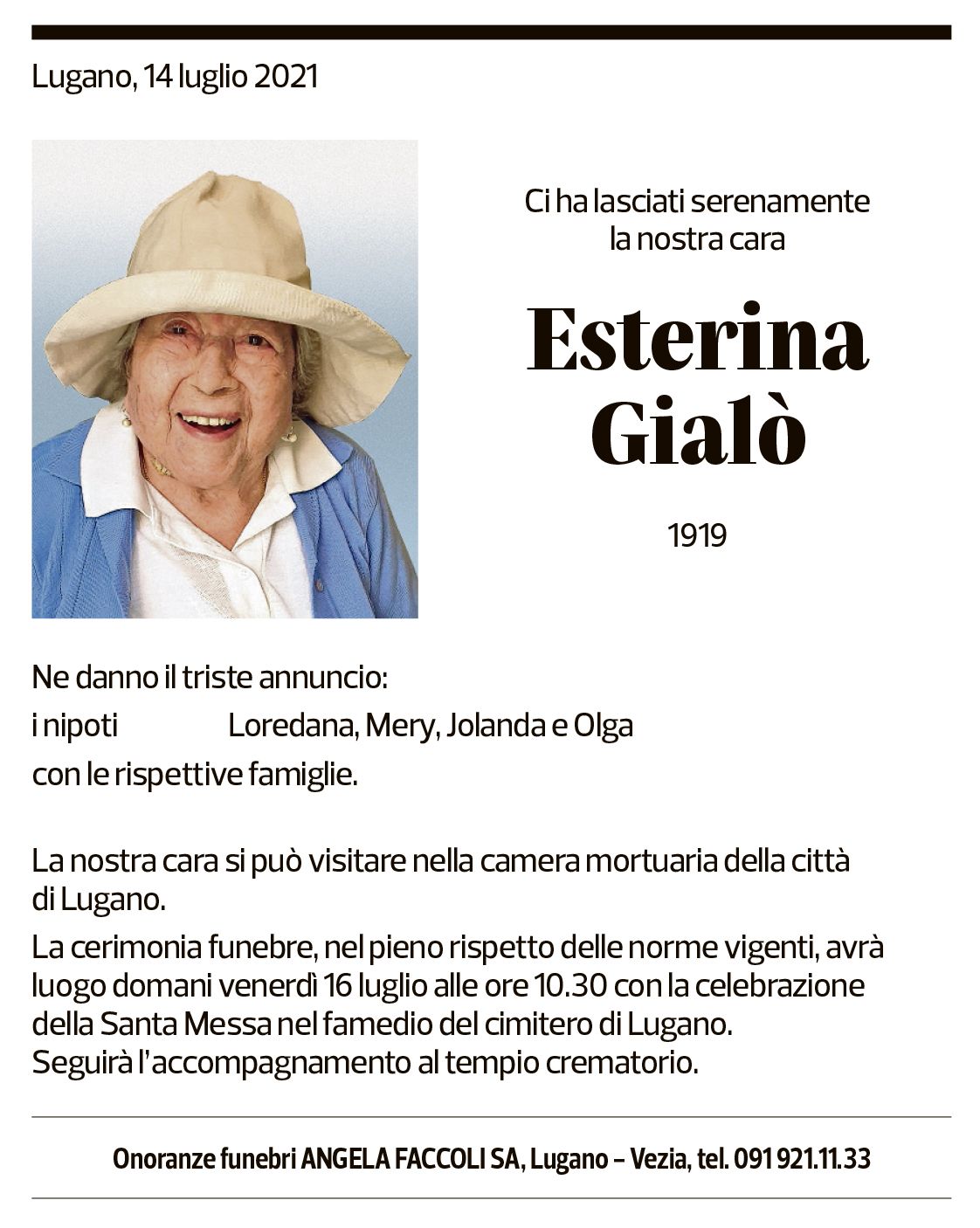 Annuncio funebre Esterina Gialò