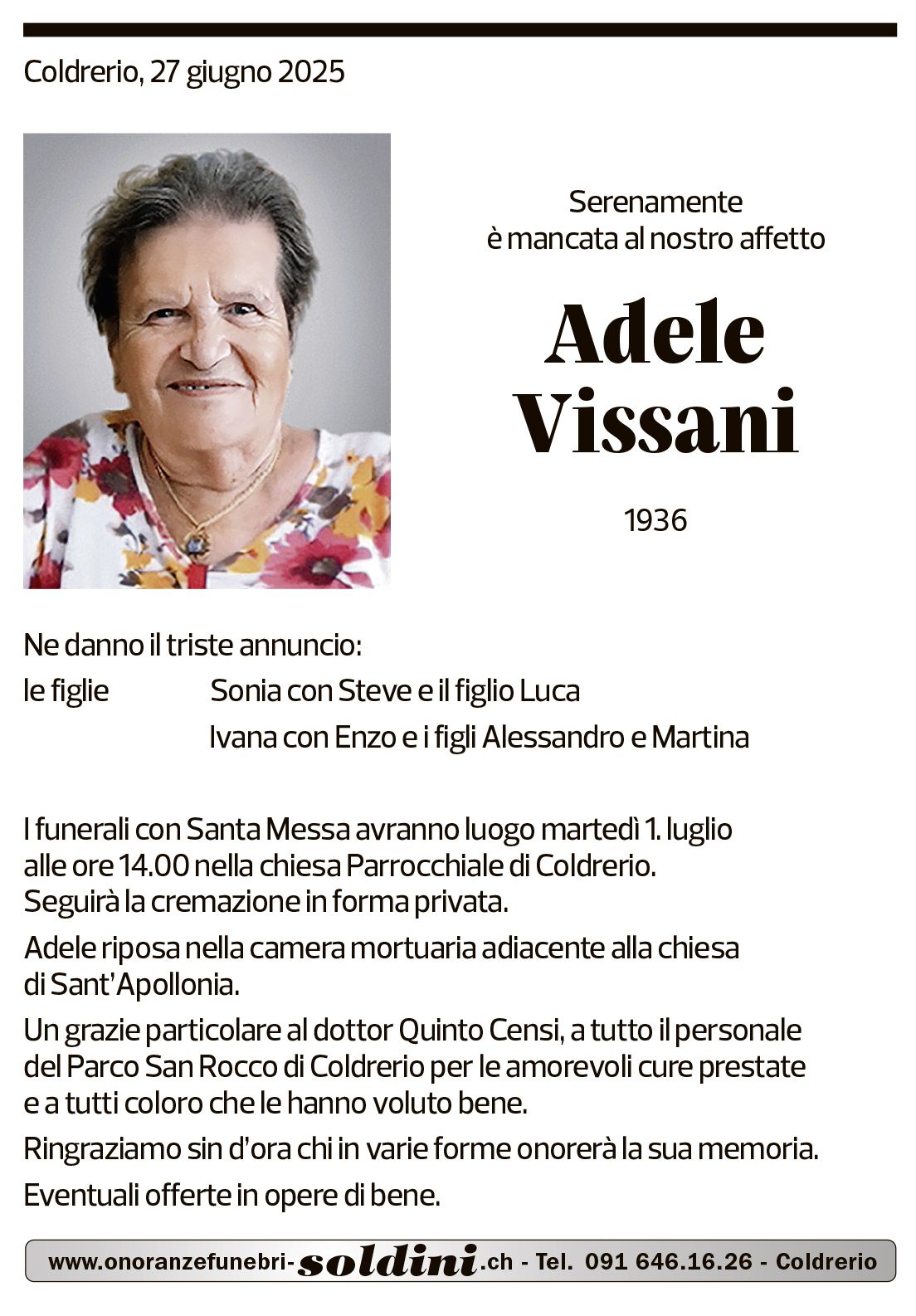 Annuncio funebre Adele Vissani