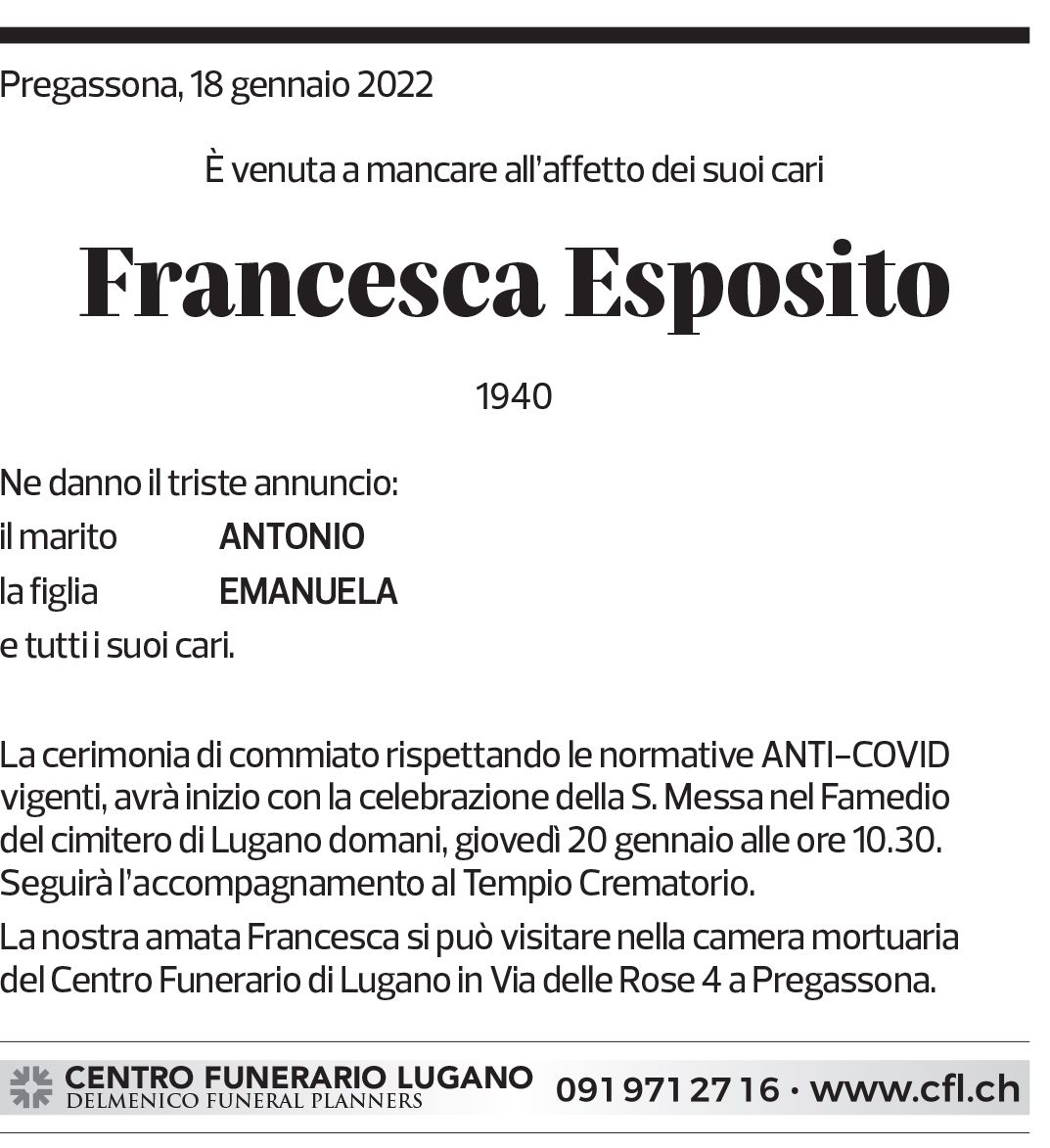 Annuncio funebre Francesca Esposito