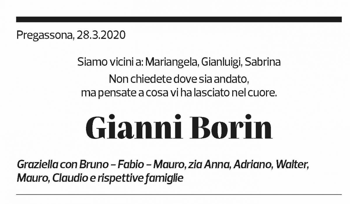 Annuncio funebre Gianni Borin