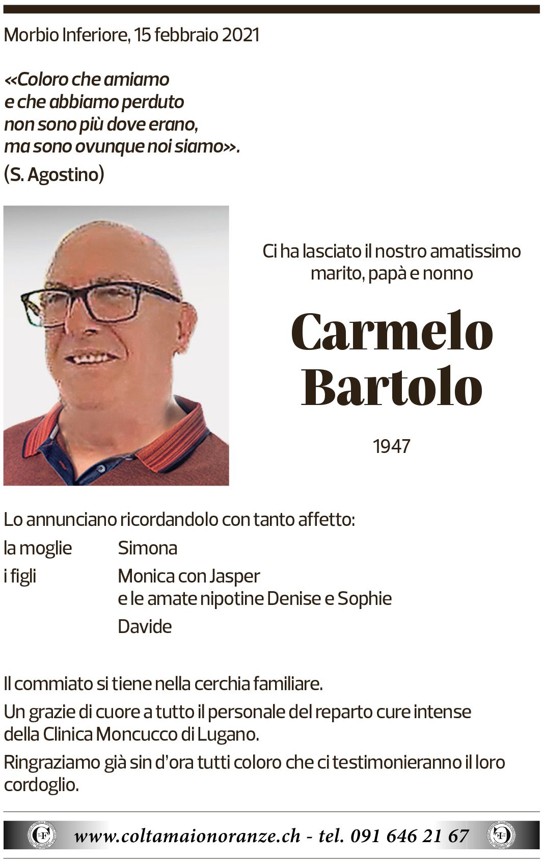 Annuncio funebre Carmelo Bartolo