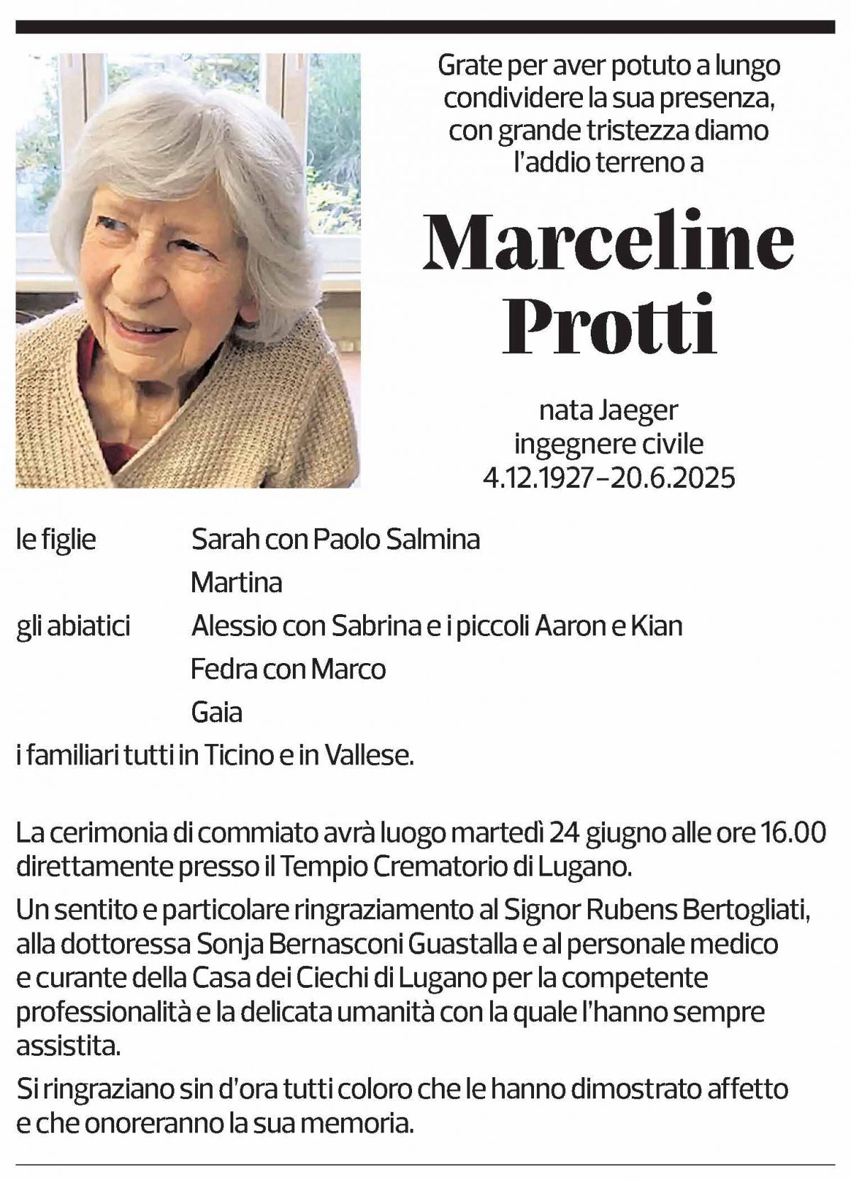 Annuncio funebre Marceline Protti