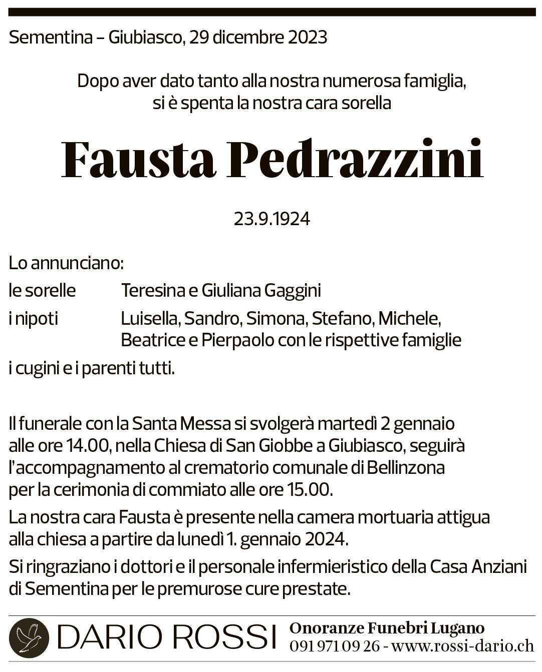 Annuncio funebre Fausta Pedrazzini