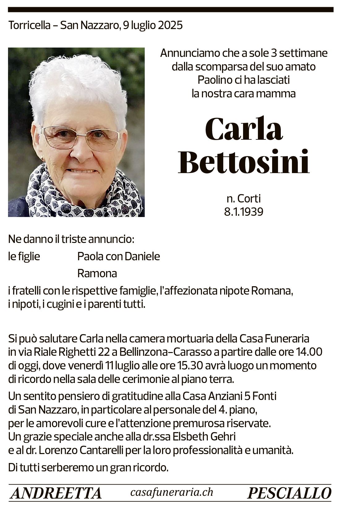 Annuncio funebre Carla Bettosini